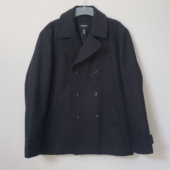Claiborne Pea Coat Mens L Charcoal Gray Double Breasted Wool Blend Classic - Picture 1 of 10